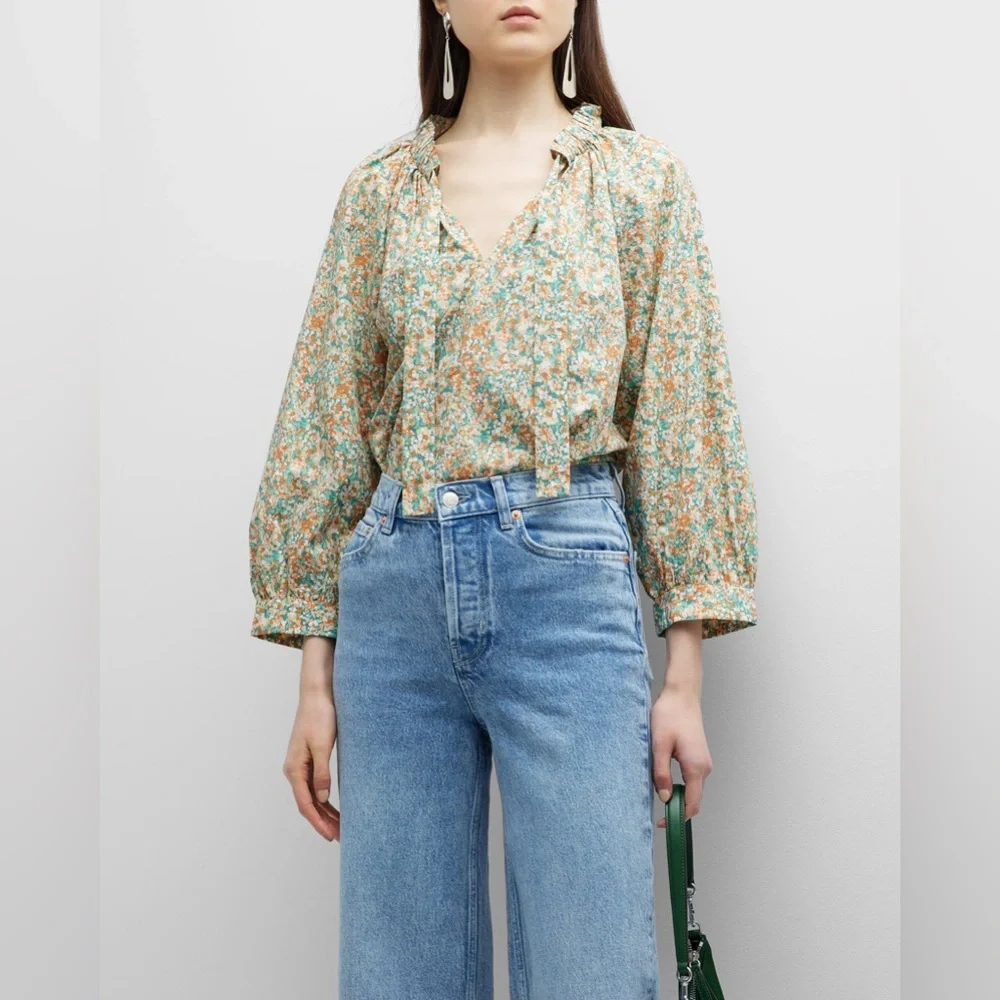 Rails Amal Relaxed Tie Neck in Cassia Multicolor Cotton Blend Floral Blouse